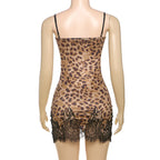 Leopard Patchwork Lace Mini Dress With Spaghetti Straps High Waist