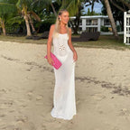 Floral Knit Strap Maxi Dress Backless Beach Cover Up For Summer Vacation And Resort Style
