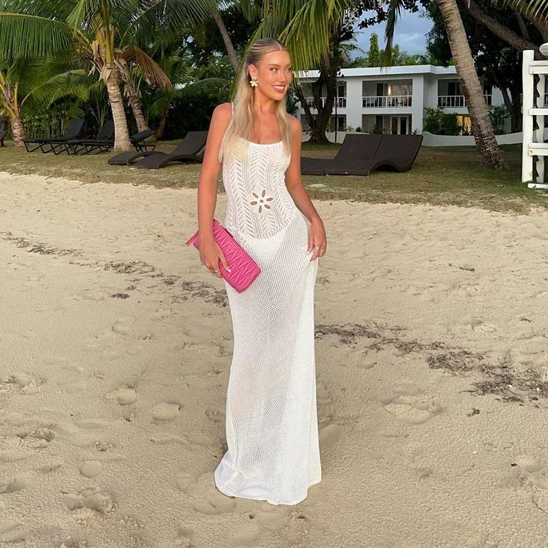 Floral Knit Strap Maxi Dress Backless Beach Cover Up For Summer Vacation And Resort Style