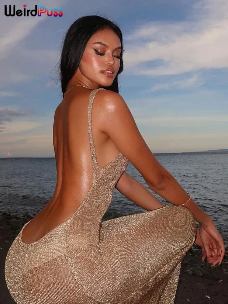 See Through Glitter Backless Dress l