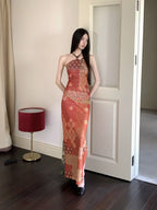 Vintage Reversible Two Piece Halter Neck Top And Long Skirt Set