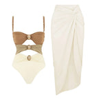 Off Shoulder Patchwork Belted One Piece Swimsuit With Cover Up for Beachside