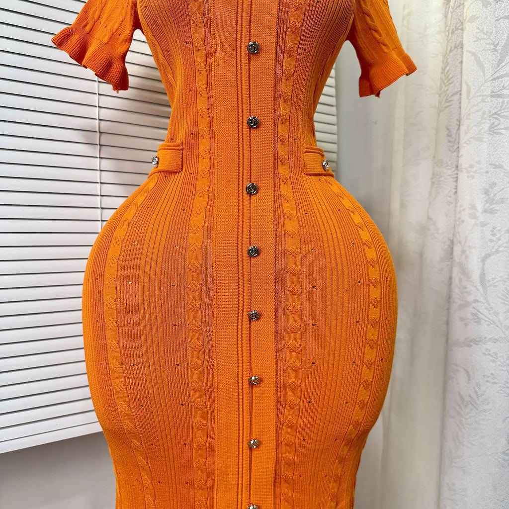 Knit Ribbed Bodycon Midi Dress With O Neck And Short Sleeves