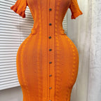 Knit Ribbed Bodycon Midi Dress With O Neck And Short Sleeves