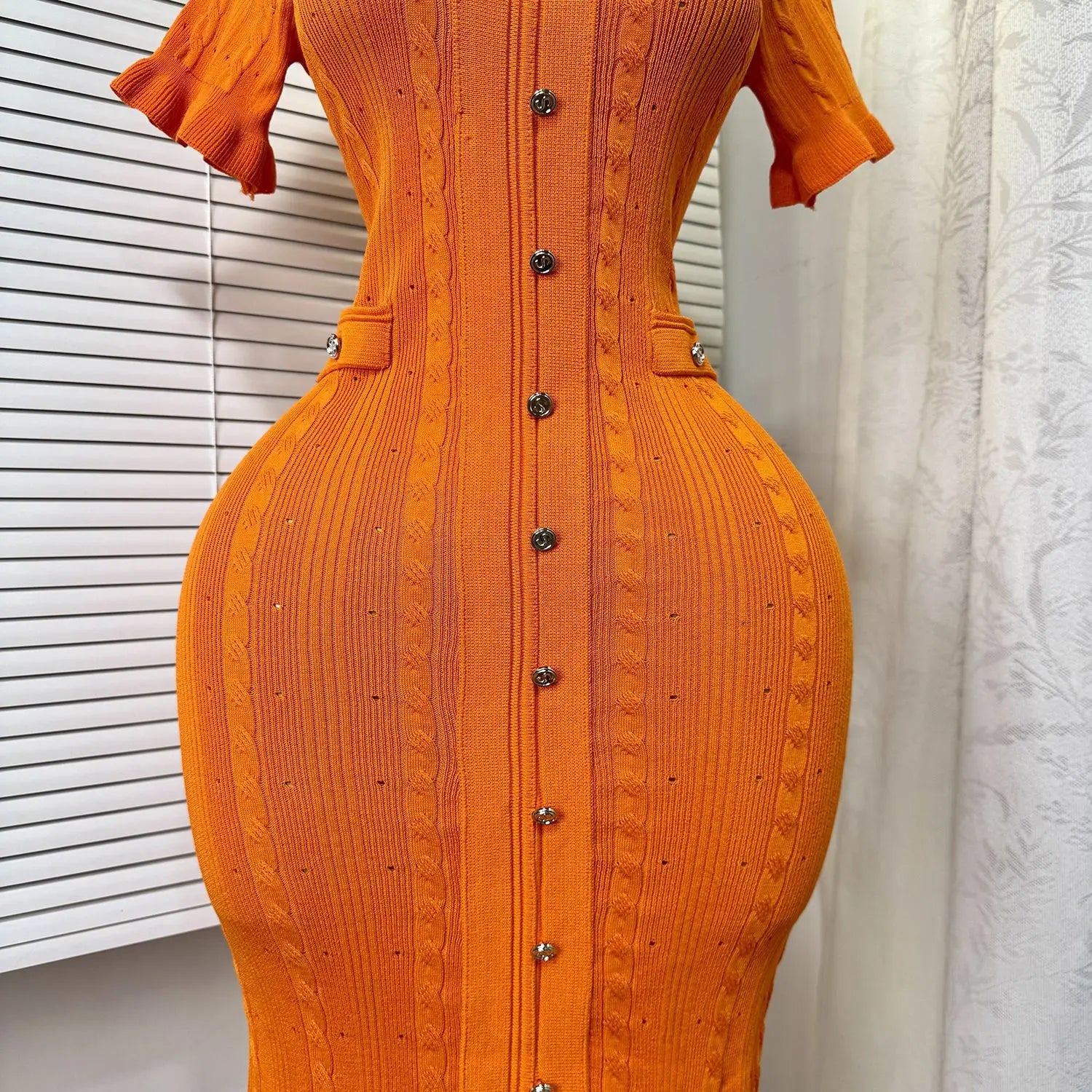 Knit Ribbed Bodycon Midi Dress With O Neck And Short Sleeves