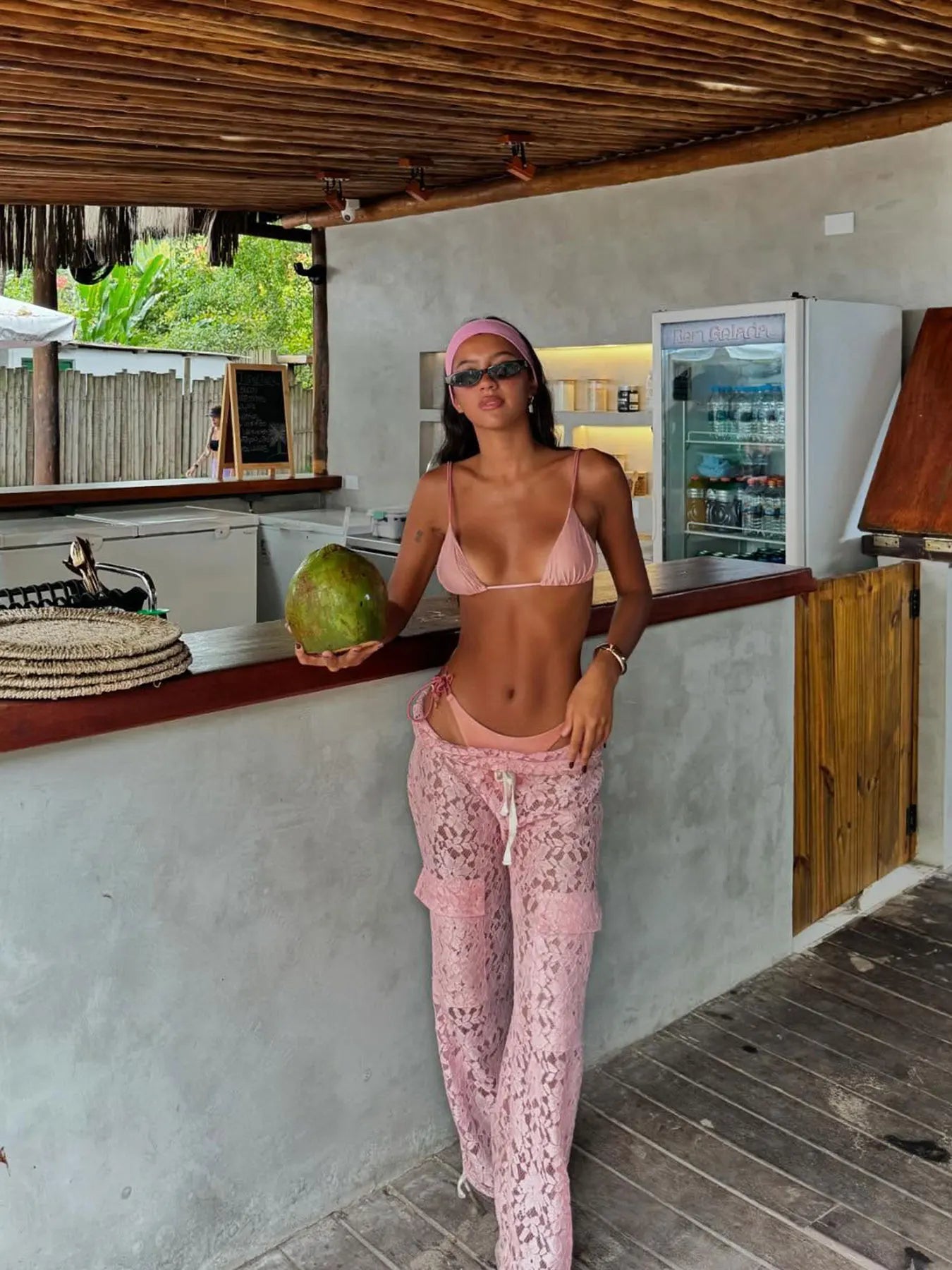 Sexy Pink Bikini Set With Lace Up Top And Wide Leg Pants Three Piece Swimsuit