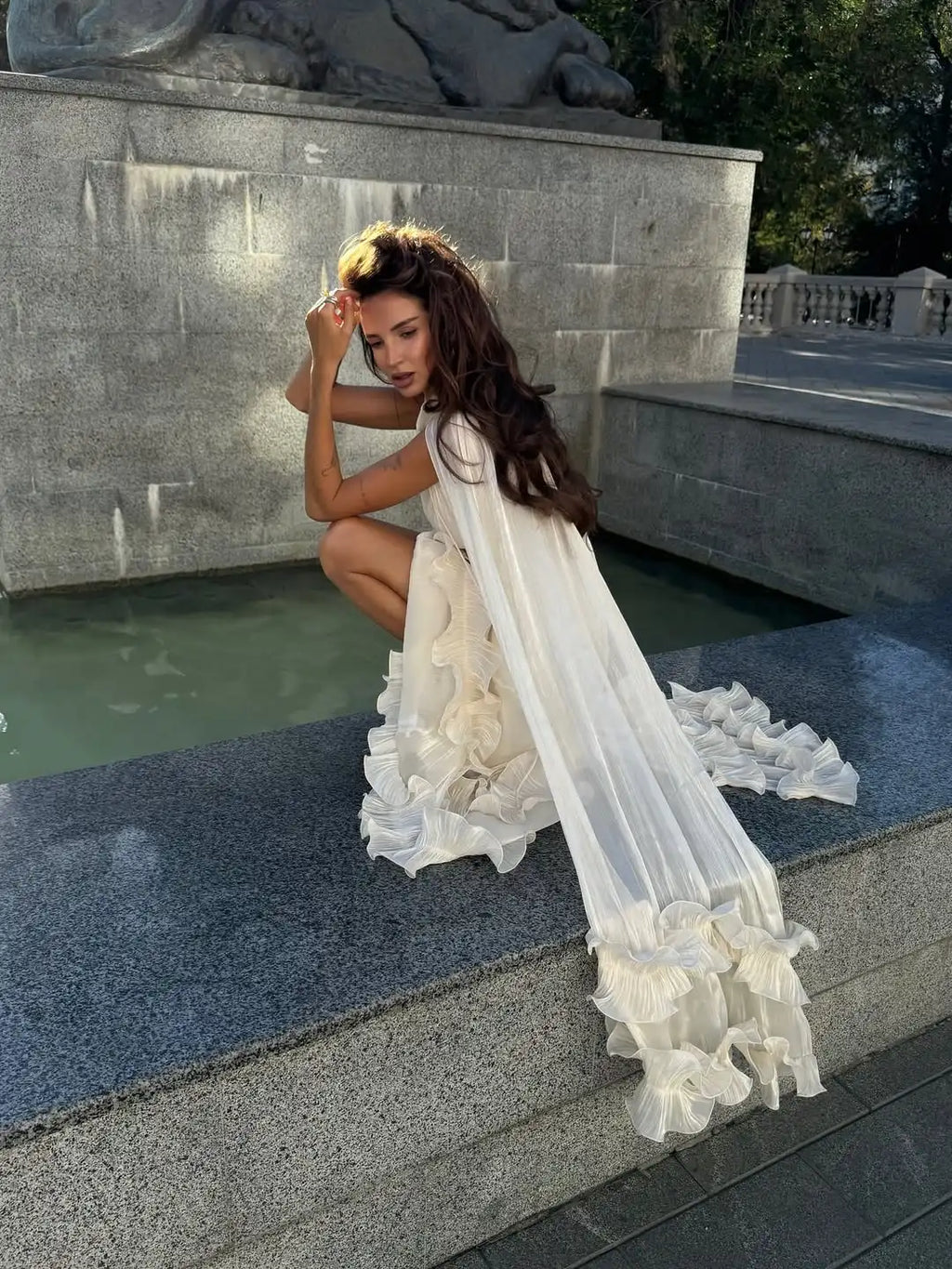Ruffle Maxi Dress With Lapel V Neck Sleeveless Pleated High Waist