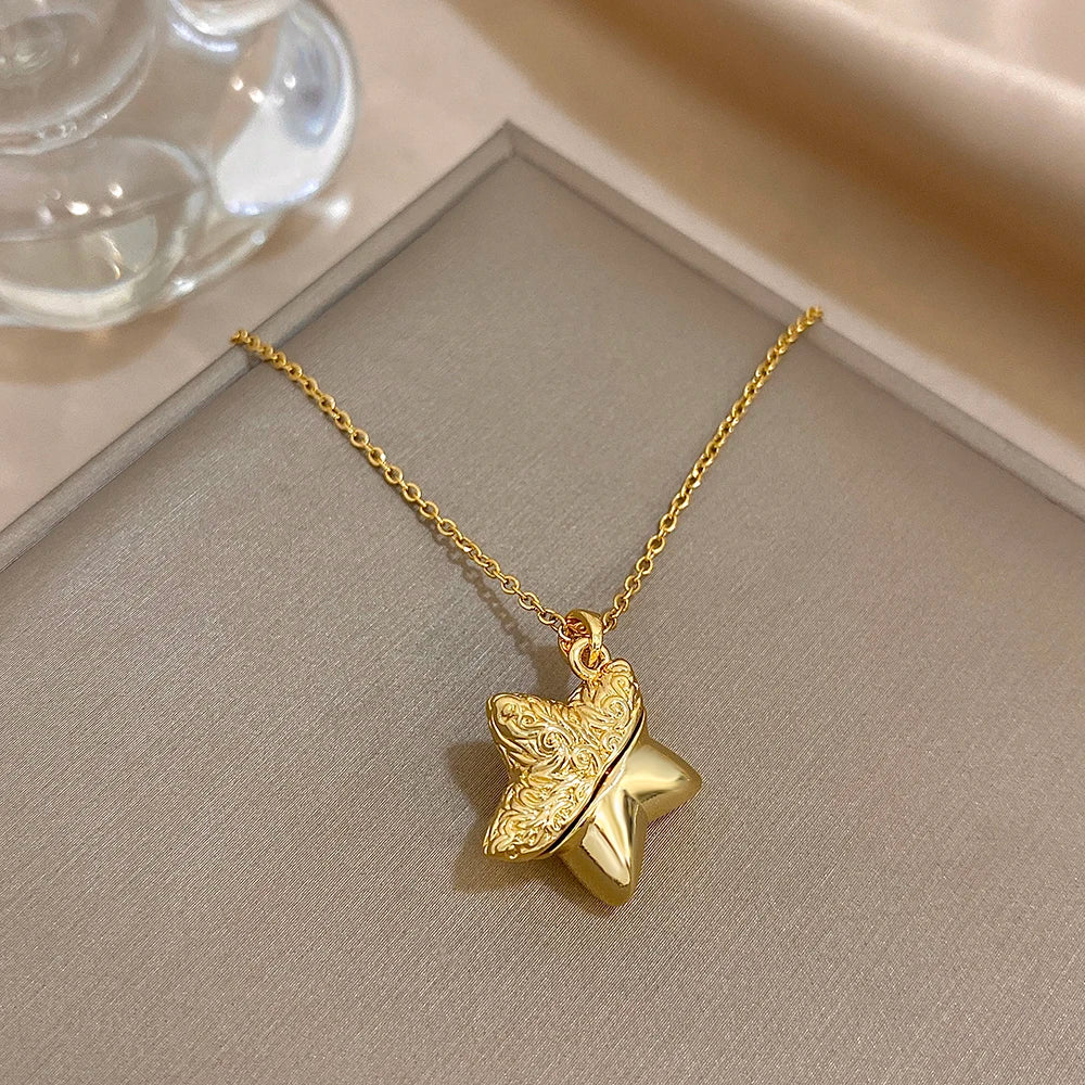 Openable Star And Heart Zircon Necklace In Stainless Steel Romantic Womens Jewelry