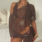 Sequins See Through One Shoulder Cover-ups Women Beaded Sheer Mesh Asymmetrical Shawl