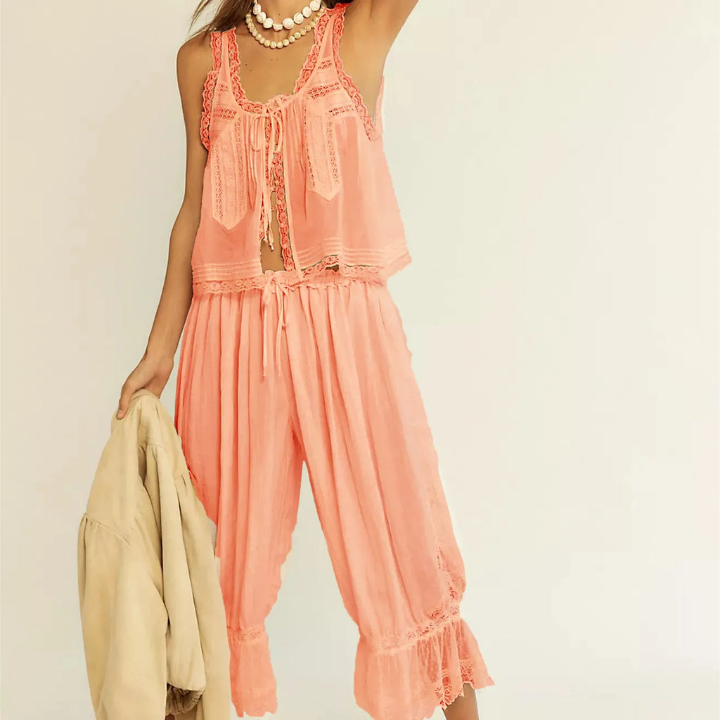 Boho Vintage Two Piece Set Tie Front Lace Trim Tank Top And Drawstring Pants