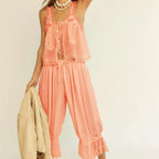 Boho Vintage Two Piece Set Tie Front Lace Trim Tank Top And Drawstring Pants