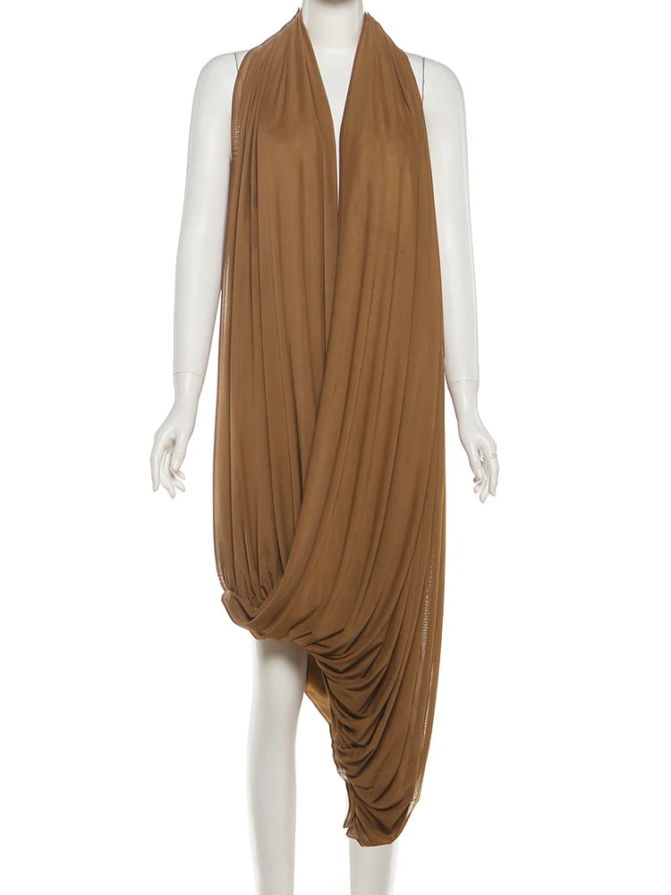 Chic Ruched Halter Bodycon Dress Backless Deep V Neck