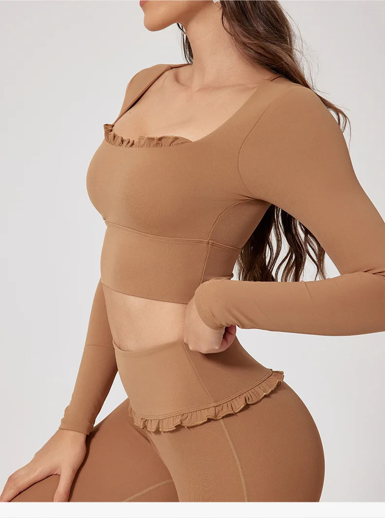Women Shirts Long Sleeve for Yoga Crop Top Square Neck Workout Clothing with Chest Pads Fitness
