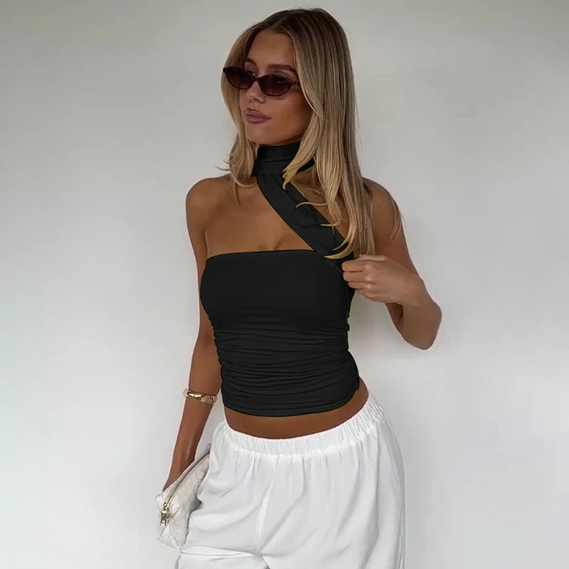 Elegant Halter Crop Top With Scarf Strap Ruched Slim Solid Design For Summer Streetwear