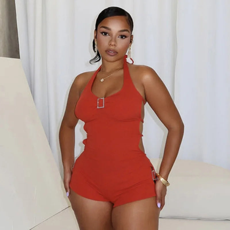Sleek Hollow Out Halter Jumpsuit Short Romper
