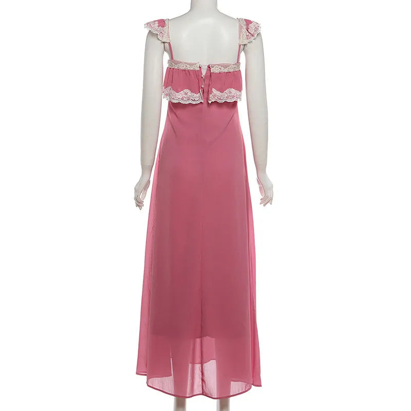 Sweet Style Patchwork Lace Dress With Square Collar Backless Sleeveless Bodycon