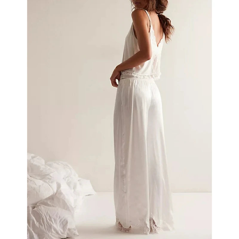 Satin Silk Pajamas Set Floral Lace Trim Tie Front Split Camisole Tops+ Straight Leg Pants 2Pcs Sleepwear