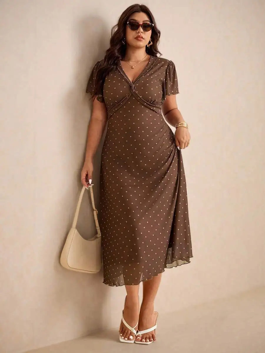 Plus Size Vintage Polka Dot Wrap Dress With V Neck And Short Sleeves Knee Length