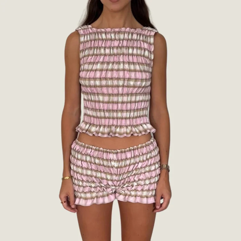 Cozy Two-piece Plaid Shorts Set With Smocked Tank Sleeveless Top And Ruffled Trim