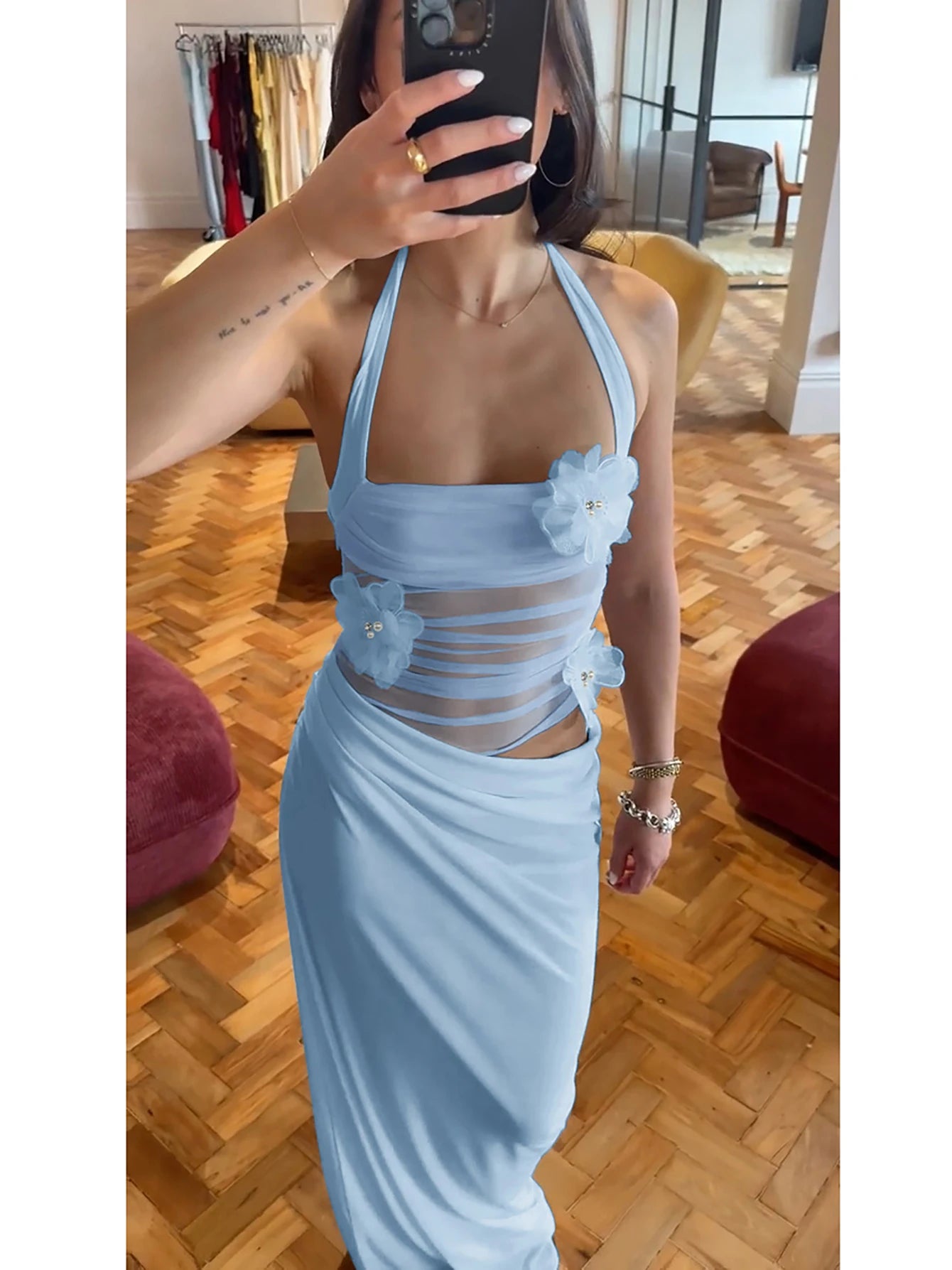 Halter Backless Sheer Mesh Maxi Dress With Floral Embellishment