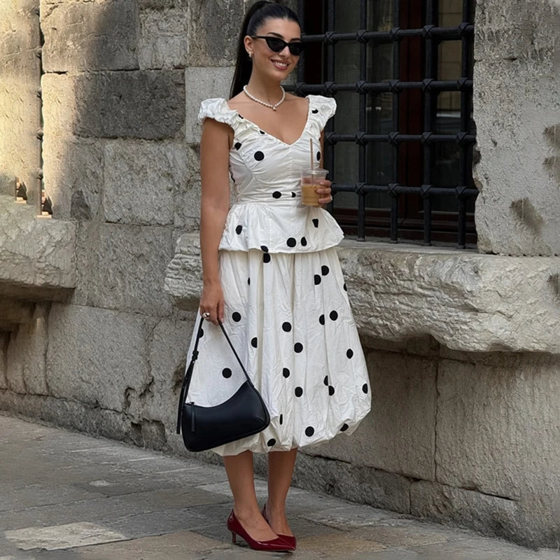 Long Polka Dot Skirt Set With Cropped Puffy Sleeveless Top
