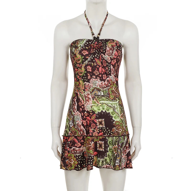 Romantic Print Halter Dress Backless Mini