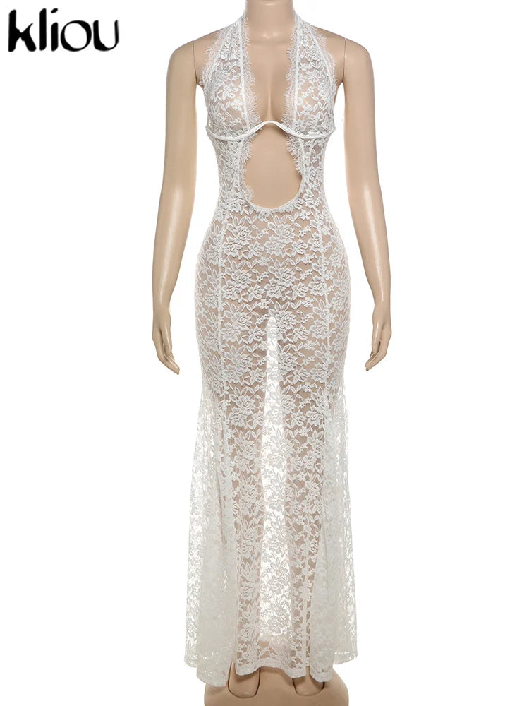 Lace Halter Long Dress Coquette Deep V Neck Ruched Trim