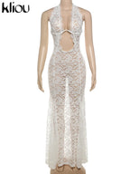 Lace Halter Long Dress Coquette Deep V Neck Ruched Trim