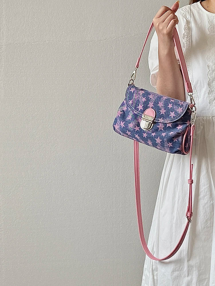 Contrast Color Star Print Crossbody Bag for Women Lightweight Shoulder Purse With Buckle