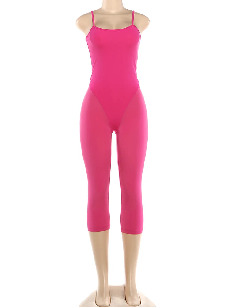 Slim Backless Playsuit With Low Neck High Waist Silhouette Ultra Stretch Sporty Romper