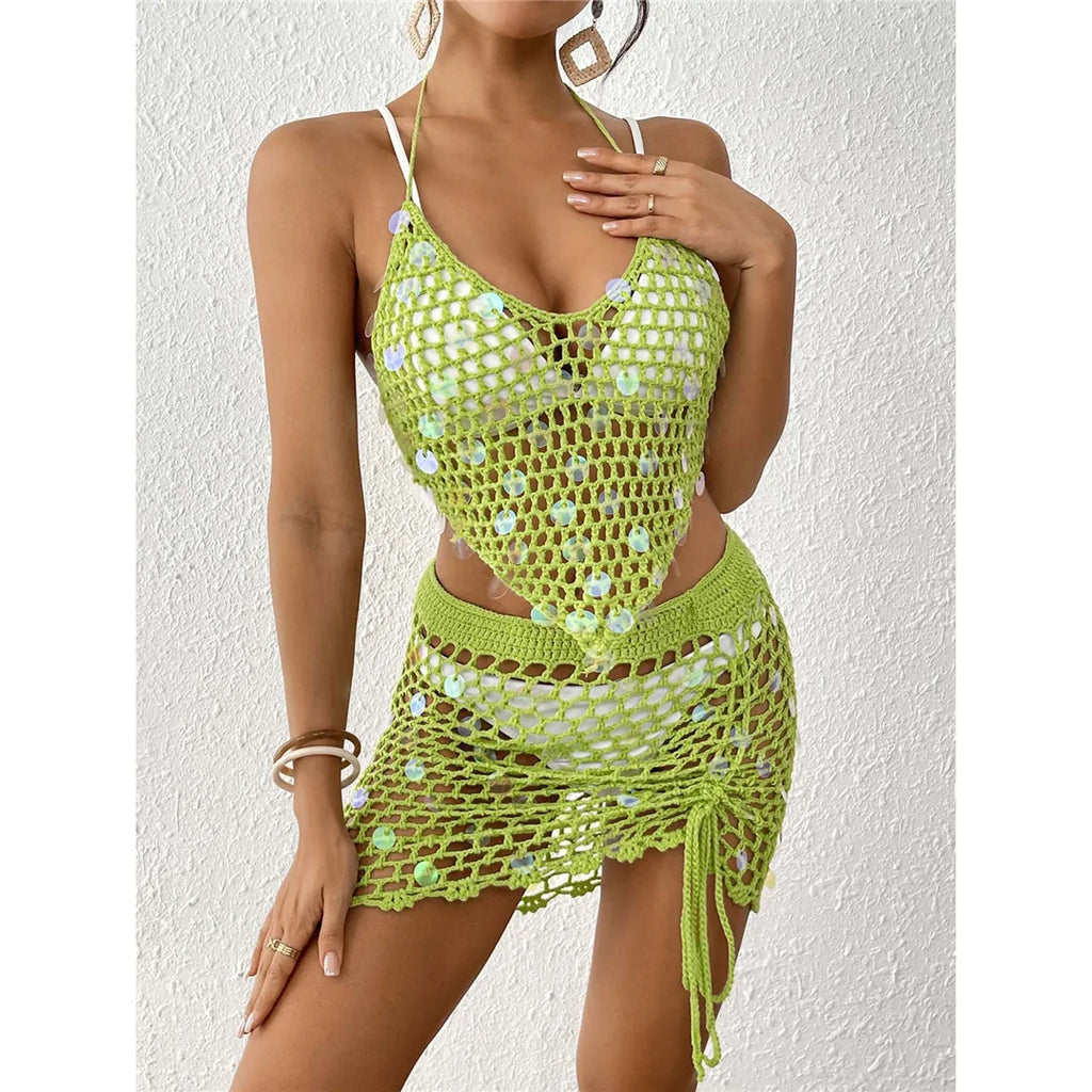 Hollow Out Skirt Crochet Knitted 2 Pieces Suits Cover Up