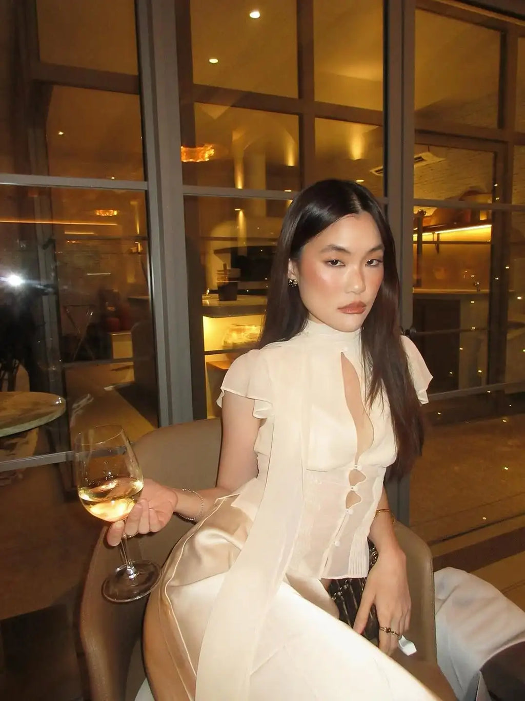 Sheer French-Style Chiffon Shirt with Ribbon Stand Collar Hollow-Out Front Placket Buttoned Waist-Cinching Short Top with Small Flutter Sleeves