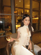 Sheer French-Style Chiffon Shirt with Ribbon Stand Collar Hollow-Out Front Placket Buttoned Waist-Cinching Short Top with Small Flutter Sleeves