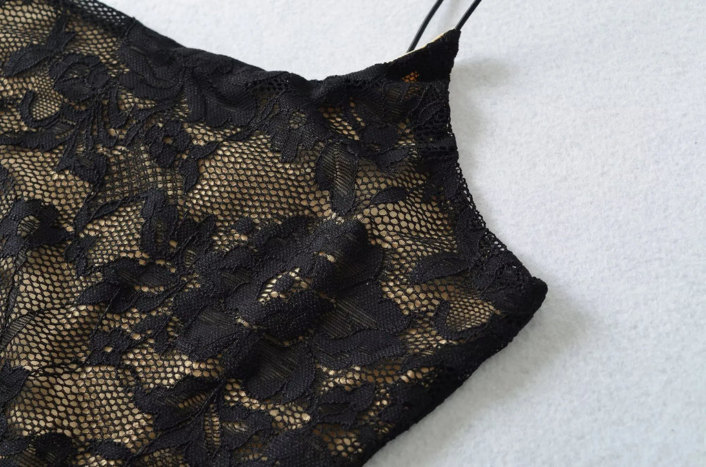 Sexy Lace See Through Bodysuit With Lining Elastic Spaghetti Straps Slim Fit