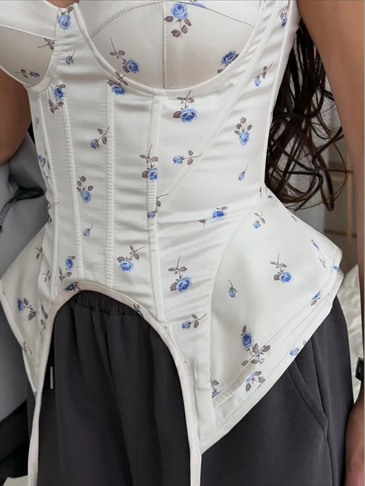 Romantic Floral Corset Cami Top With Sweetheart Neckline And Irregular Hem For Summer