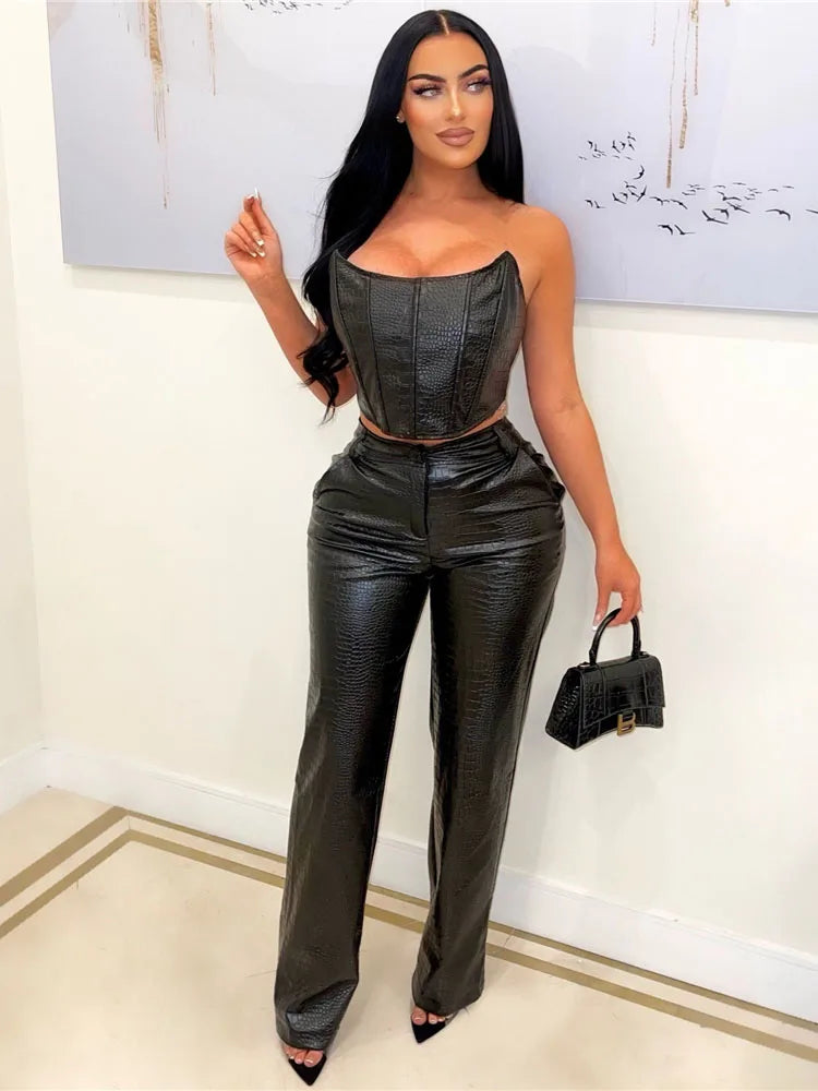Corset Cutout Cargo Jumpsuit Two Piece Set Sleeveless PU Leather