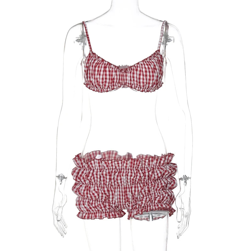 Stripe Two Piece Set With Elastic Camisole And Ruched Shorts l