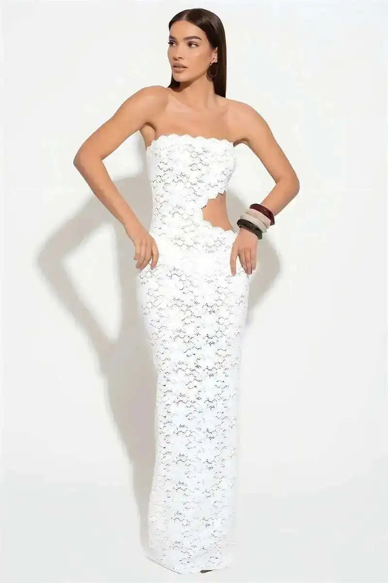 Elegant Off Shoulder Backless Lace Maxi Dress With Hollow Out Detailing