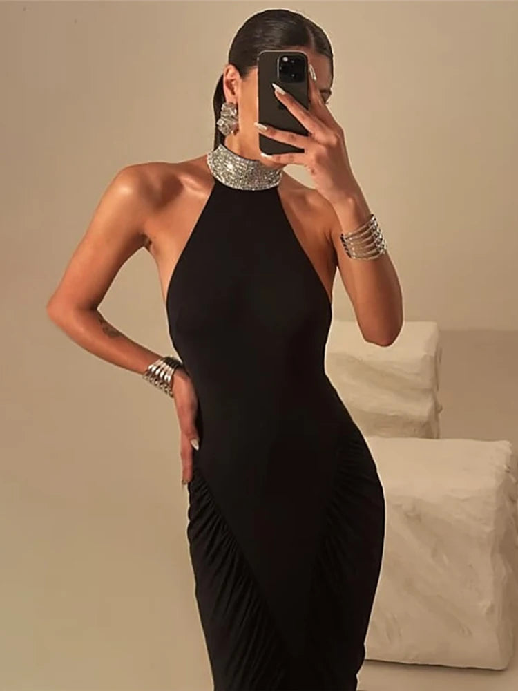 Elegant Backless Halter Ruched Long Dress With Striped Detailing