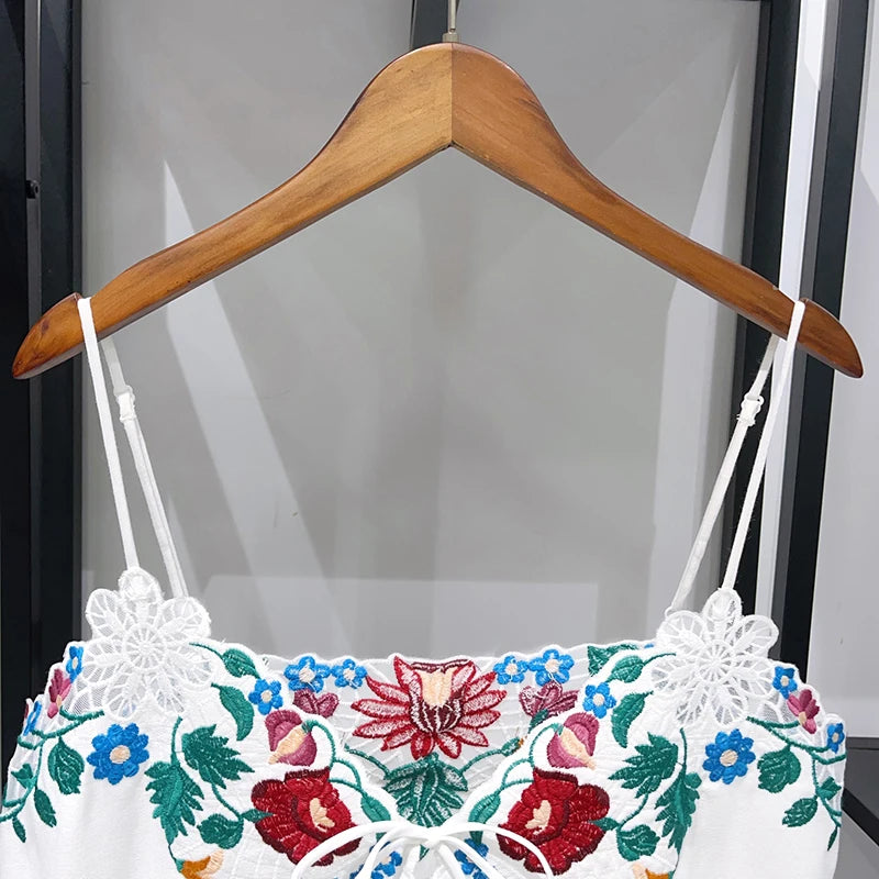 Romantic Floral Lace Embroidered Midi Set With Sleeveless Top And Side Slit Skirt