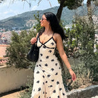 Patchwork Lace Midi Dress With Halter Neck And Backless Silhouette