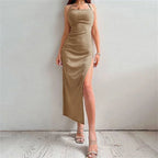 Halter Neck Bodycon Dress With Sleeveless Backless Design Spaghetti Straps High Slit