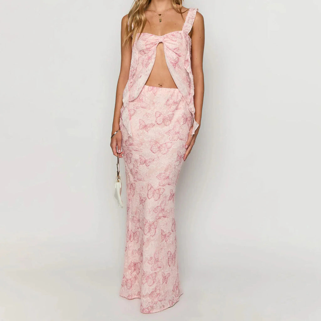 Off Shoulder Two Piece Tube Top And Layered Ruffle Maxi Skirt Set