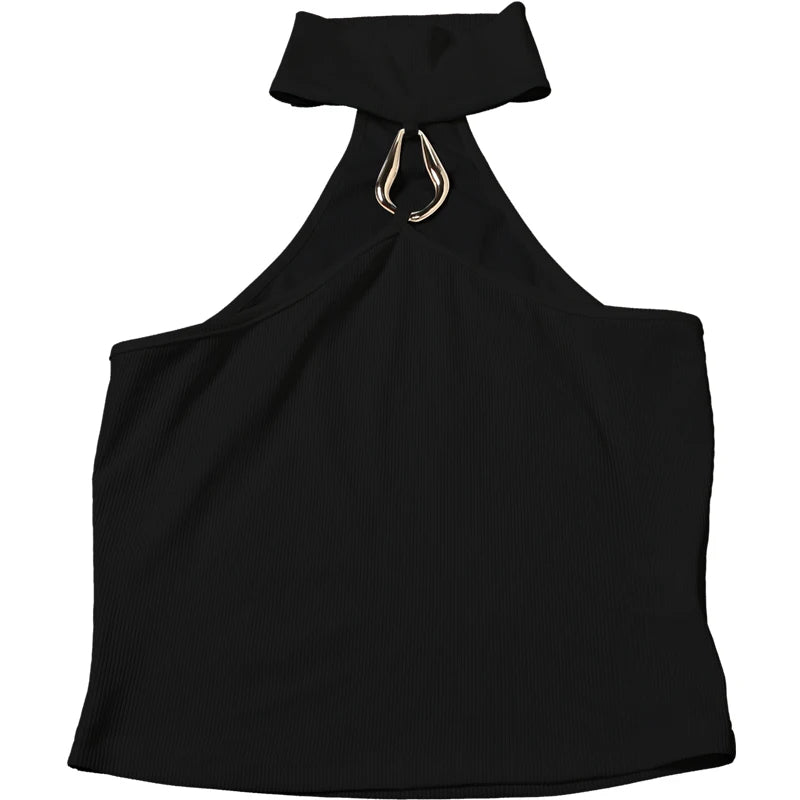 Off Shoulder Metal Buckle Tank Top For Women High Stretch Body Skimming Street Style