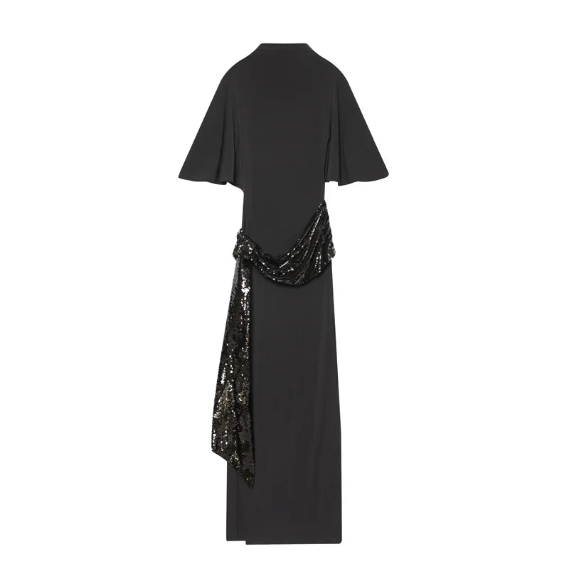 Backless Sequin Patchwork Maxi Dress With Wide Sleeves