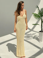Elegant Backless Knitted Slip Sexy Hollow Out Slim-Fitting Style Dress
