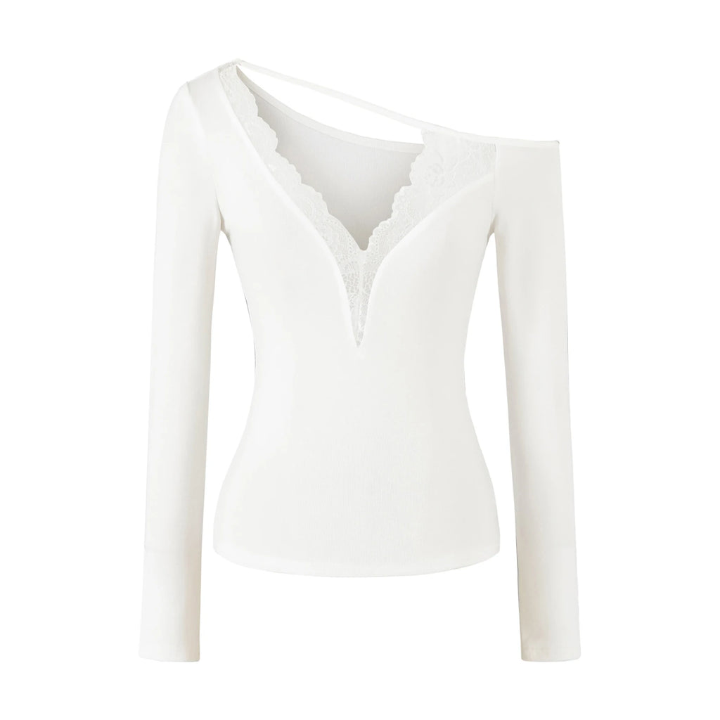 Lace Splice Long Sleeve Vneck Top For Night Out Chic