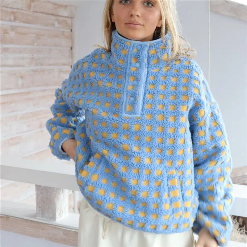 Cozy Checkered Sherpa Long Sleeve Pullover With Stand Collar