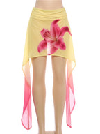 Floral Print Mini Skirt With Elastic Waist Gradient Mesh Tassel Detail