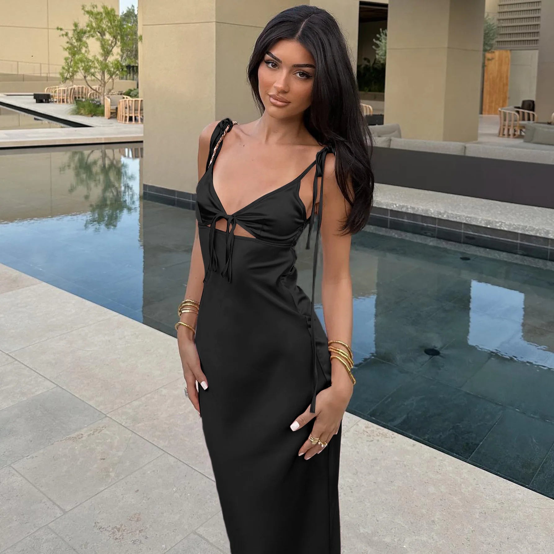 V Neck Cutout Lace Up Maxi Dress With Spaghetti Straps